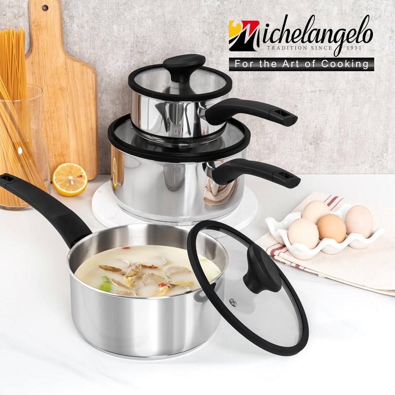 MICHELANGELO Stainless Steel Saucepan with Lid 1QT & 2QT & 3QT, Triply Stainless Steel Saucepans with Bakelite Handle, Premium Nonstick Sauce Pot Set for Kitchen Cooking, Induction Compatible
