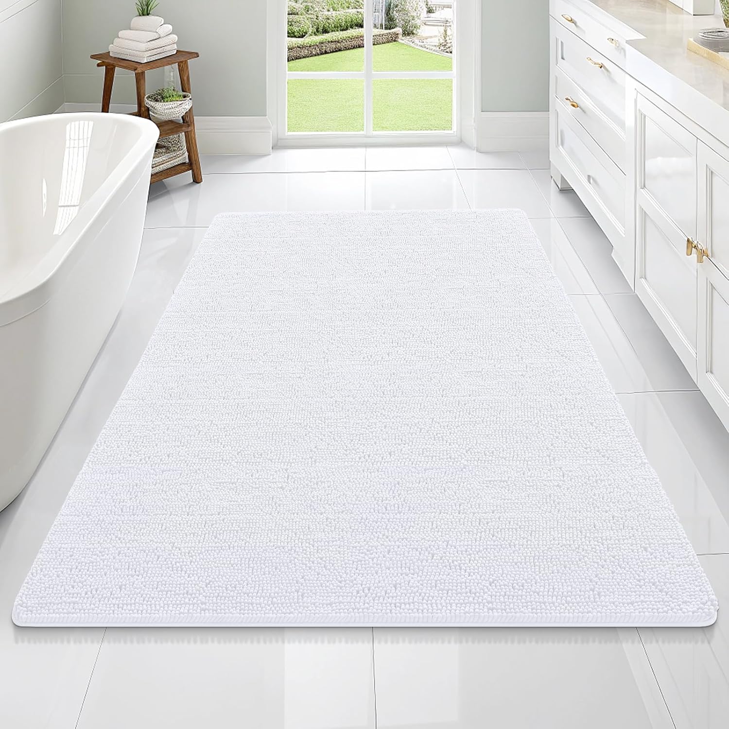 OLANLY Large Chenille Bathroom Rugs - Extra Soft & Absorbent | 70x46, Quick Dry, Machine Washable, White