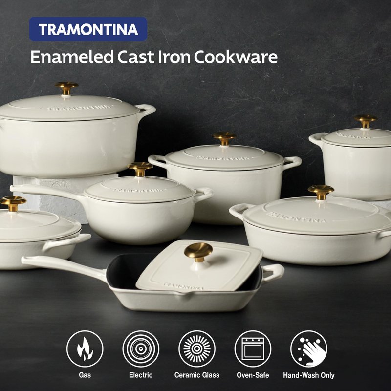 Tramontina Bestow Enameled Cast Iron Skillet with Lid, 10-inch Frying Pan, Latte with Gold Knob