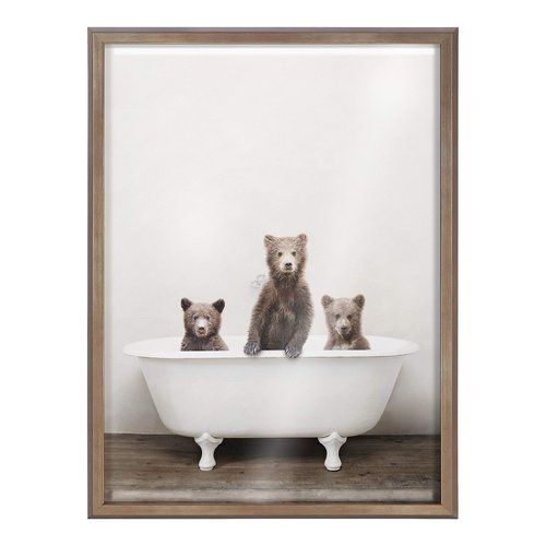 Kate and Laurel Blake Three Little Bears in Vintage Bathtub Framed Printed Glass Wall Art by Amy Peterson Art Studio, 18x24 Gold, Adorable Animal Art for Wall