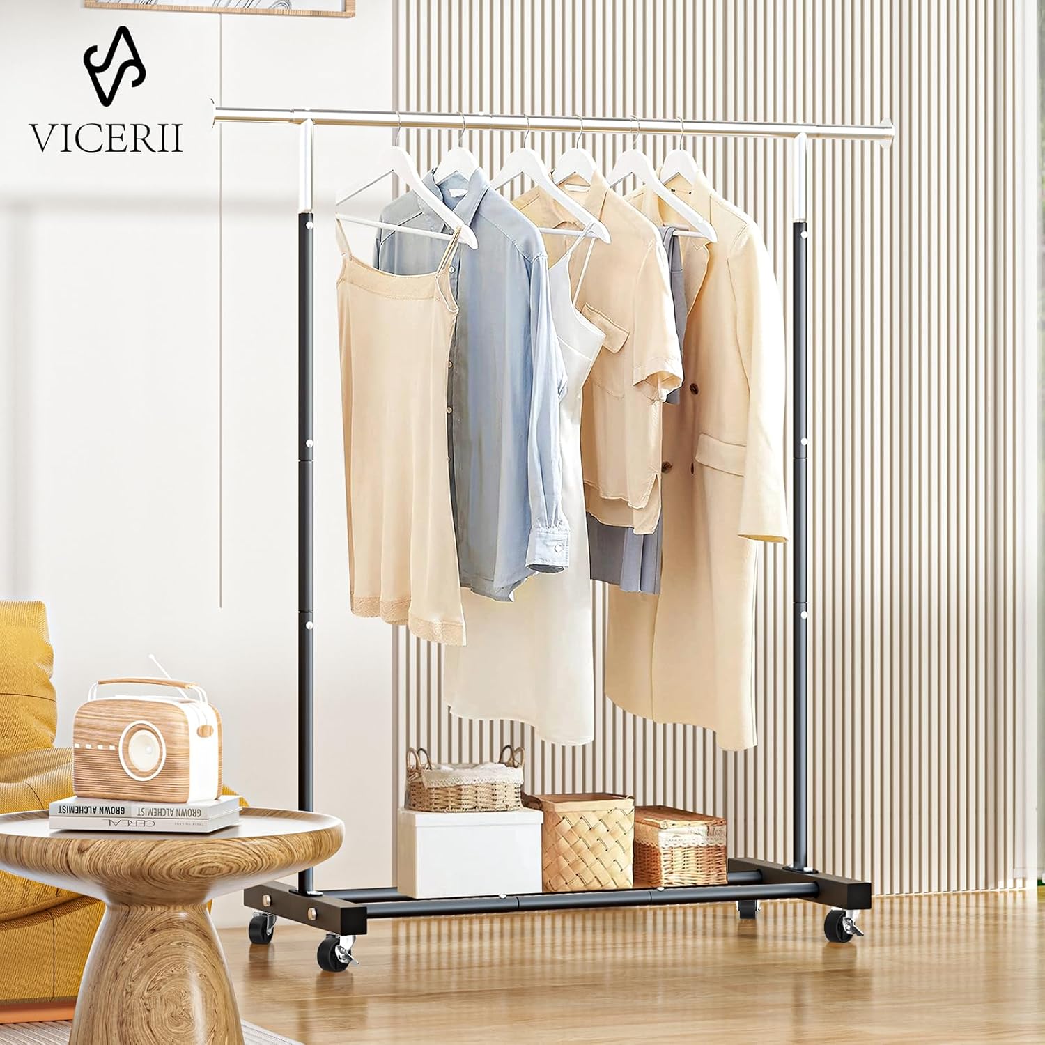 VICERII Heavy Duty Clothes Rack - 55.51 Inch Rolling Garment Rack with Wheels & Bottom Shelf | 130LB Capacity, Black