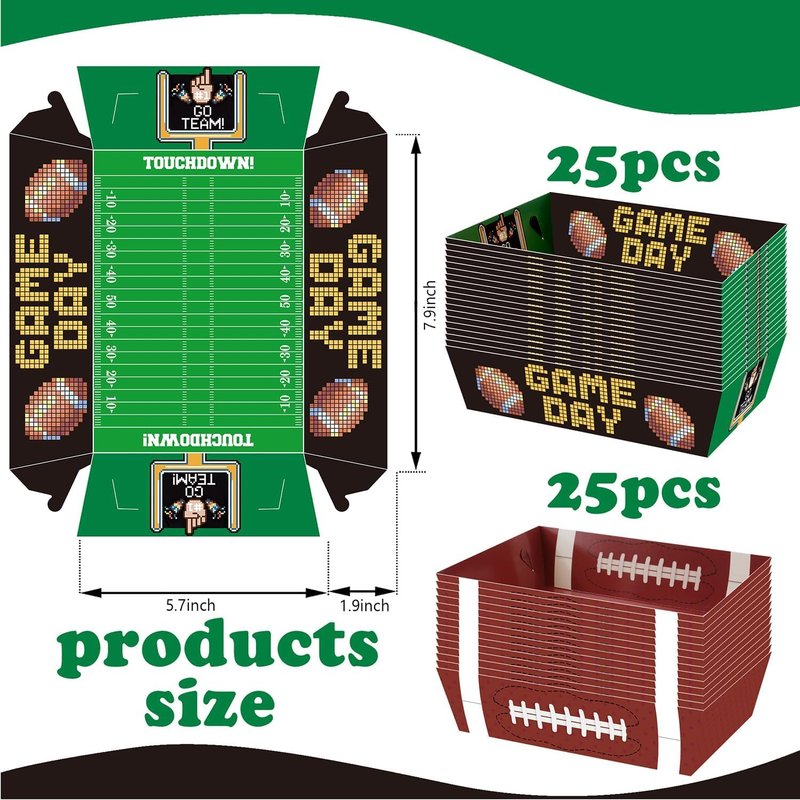 WIQEDOHA Football Party Plates 50Pack Disposable Rectangular Paper Trays Modern Patterned Football Themed Design 7.9 x 5.7 x 1.9" Football Party Supplies