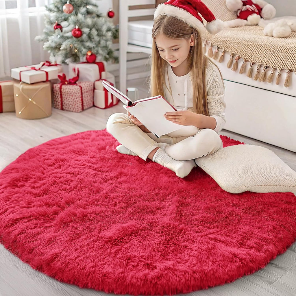 OLANLY Red Round Area Rug - Soft, Fluffy, Machine Washable 4 ft Circle Carpet for Bedroom & Living Room Decor