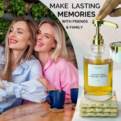 Cocovana Coffee Syrup Dispenser 500 ml, 102 Labels & Aligner, Large Coffee Syrup Pump for Coffee Bar, Coffee Sauce Dispenser, Glass Bottle Set of 2, Gold Kitchen Accessories Espresso Flavor Torani