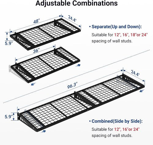 FLEXIMOUNTS Heavy-Duty Bike Wall Shelving Rack - 2 Pack 2x4ft | 660lbs Capacity, Black Pro Series
