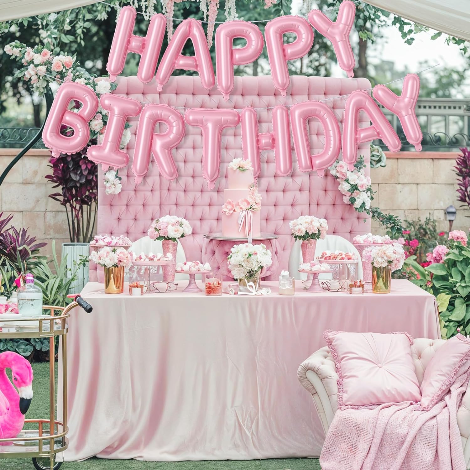 Skiennix Pink Happy Birthday Balloon Banner - 16 Inch Pastel Pearl Mylar Foil Balloons for Party Decor