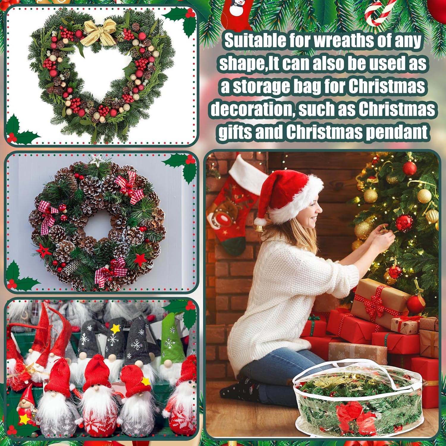 Shappy Christmas Wreath Storage Bag - 24 Inch Clear Container with Dual Zippers & Reinforced Handles