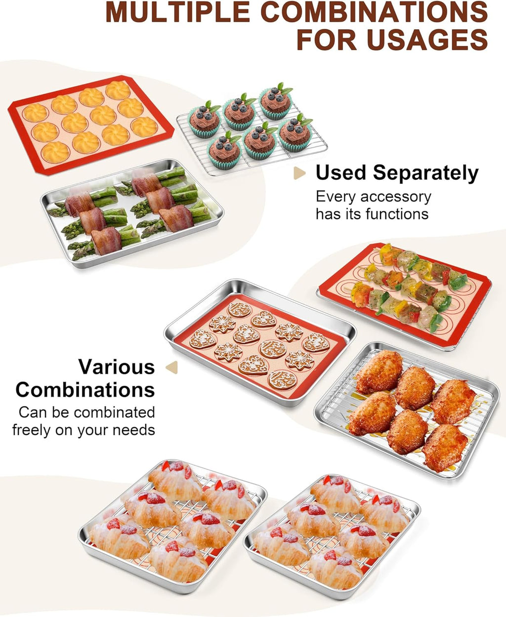 TeamFar Stainless Steel Toaster Oven Tray Set - 9.3-Inch Baking Sheets with Cooling Racks & Silicone Mats - Non-Toxic & Easy to Clean