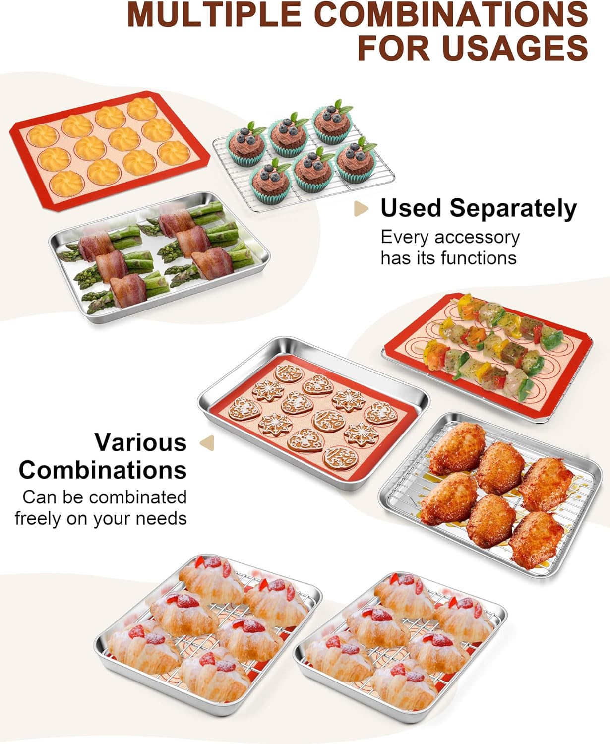 TeamFar Stainless Steel Toaster Oven Tray Set - 9.3-Inch Baking Sheets with Cooling Racks & Silicone Mats - Non-Toxic & Easy to Clean