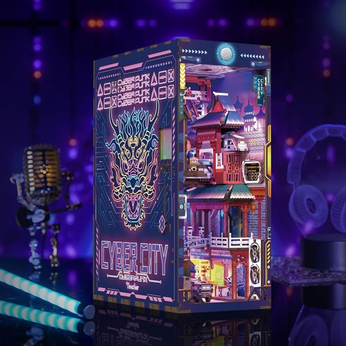 Hands Craft DIY Book Nook Kit - Cyber City Miniature Puzzle with LED Lights | Neon Cyberpunk Decor