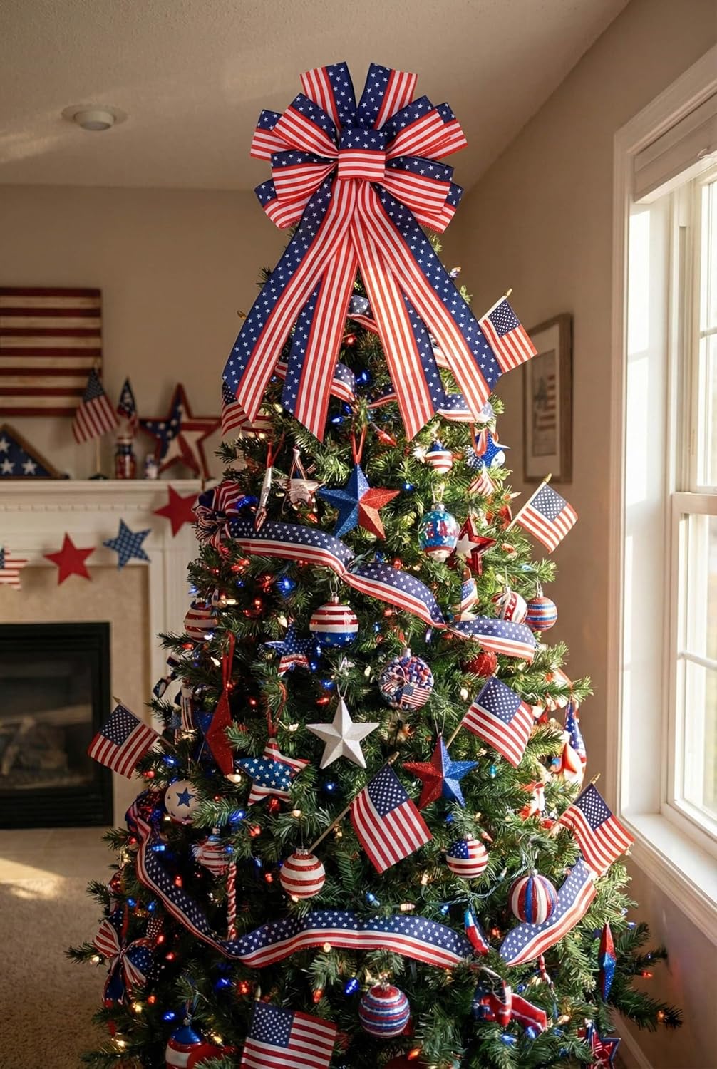 Patriotic Classic Bow - Large 20.87" Red, White & Blue Wired Edge Bow for Wreaths & Front Doors