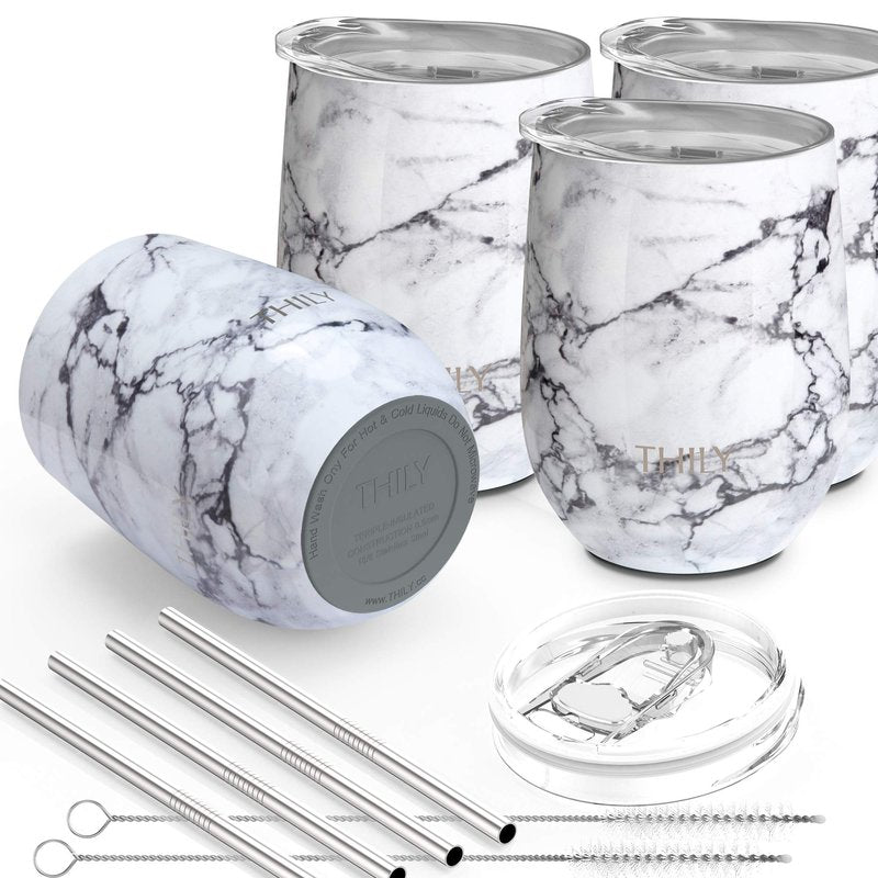 THILY Stainless Steel Stemless Wine Tumbler 4 Pack Vacuum Insulated Travel Wine Glasses Set with Sliding Lids and Straws, Keep Cold for Juice, Cocktails, Beer, Party, Christmas Gift, White Marble