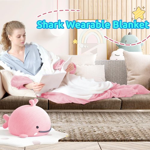 Touchat Shark Blanket Hoodie Onesie, Wearable Blankets Hoodie Adult, Warm Flannel Throw Blanket Tail Sleeping Bag, Cartoon Costume Shark Onesie Funny Gifts for Adults (Pink,M)