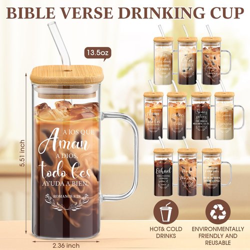 Sunnychicc 10 Pcs Christian Glass Cup with Handle Lid Straw Brush and Sleeve 13.5oz Bible Verse Coffee Cup Inspirational Religious Tumbler Gift for Women Men Employee Office(Spanish)