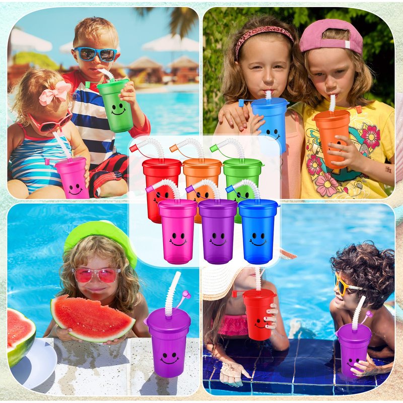 Mumufy Kids 12 oz Neon Cups Bulk Laugh Face Neon Colorful Plastic Cups Reusable Summer Birthday Supplies Kids End of the Year Present for Students(48 Pcs)
