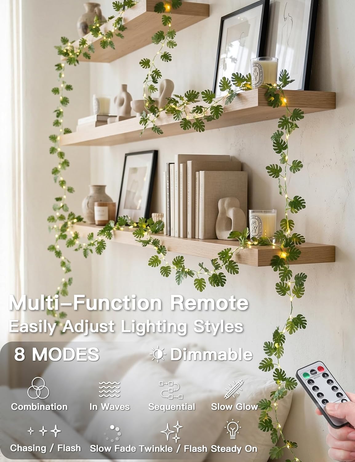 Suddus Fairy Lights - 33ft 100 LED Monstera Leaves String Lights | Battery & USB Powered, Remote Control, Indoor Tropical Decor