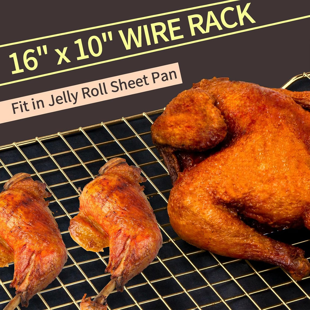 Skiennix Cooling Rack for Baking - 2-Pack 16x10 Inches, Oven Safe Thick Wire Design, Gold Finish