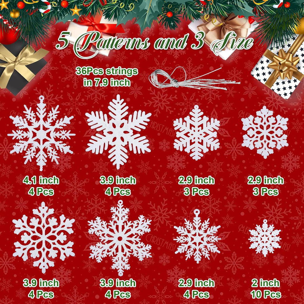NEWMIAO Snowflake Ornaments - 36pcs Glitter Plastic Decorations for Christmas Tree | 5 Unique Patterns