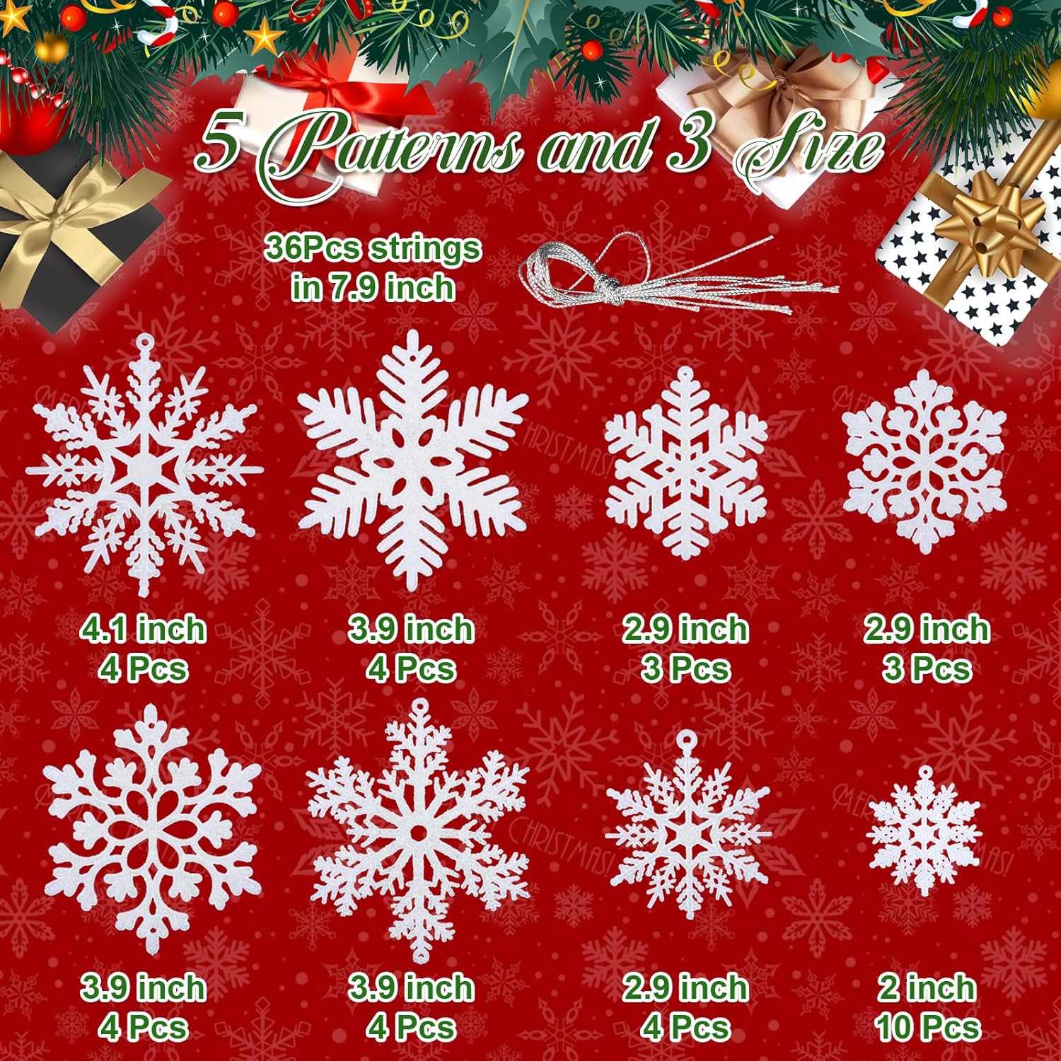 NEWMIAO Snowflake Ornaments - 36pcs Glitter Plastic Decorations for Christmas Tree | 5 Unique Patterns