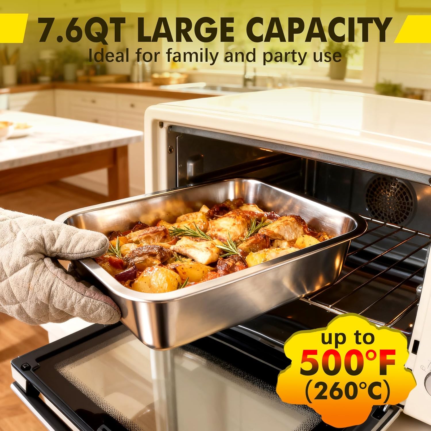 Stainless Steel 9x13 Baking Pan with Lid - 7.6Qt Extra Deep Lasagna Dish | Oven Safe Casserole