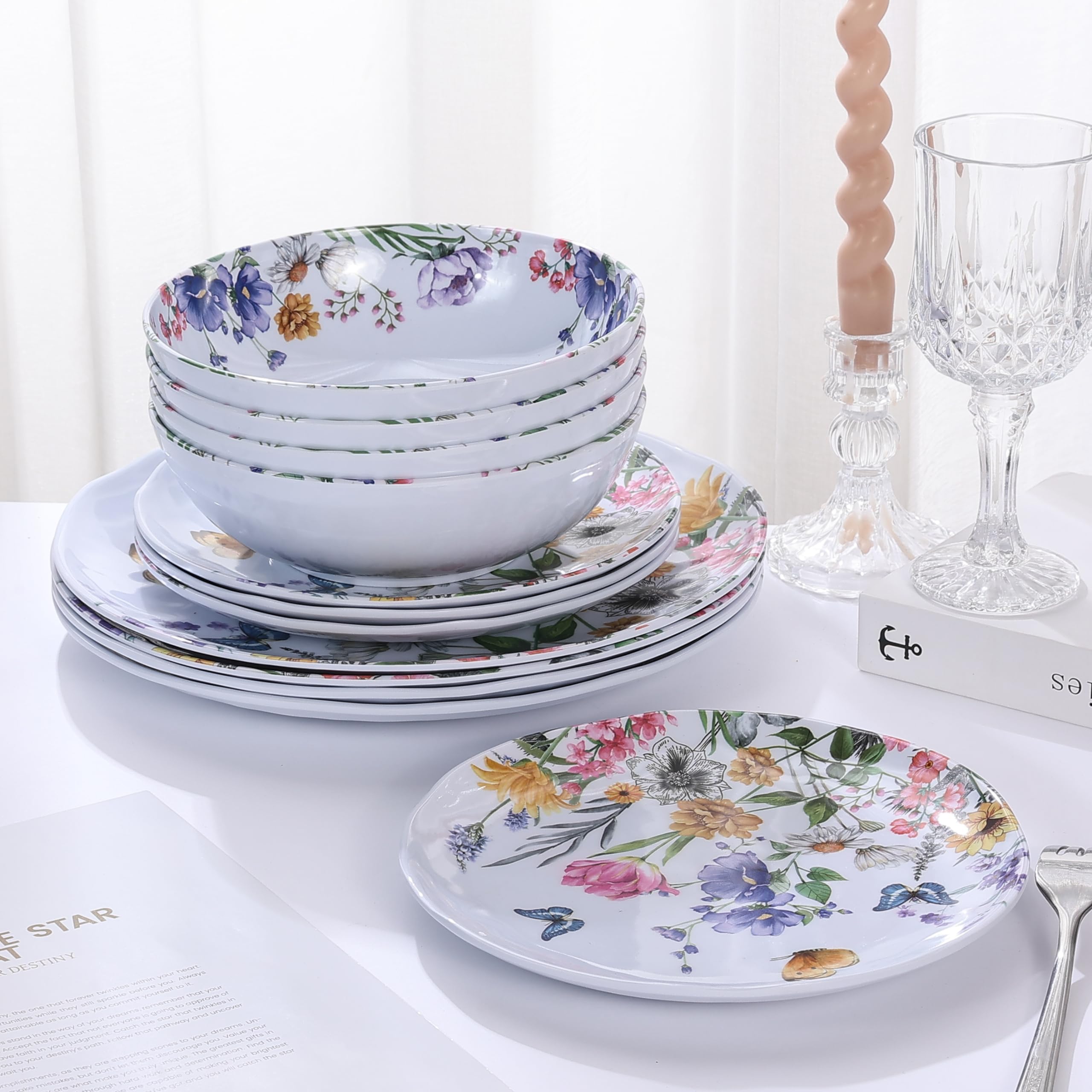 Lechoo 12 Piece Melamine Dinnerware Sets - Plates And Bowls Sets Floral Dinnerware Sets- Spring Camping Dishs Indoor Outdoor Use,Flowers And Butterflies Pattern