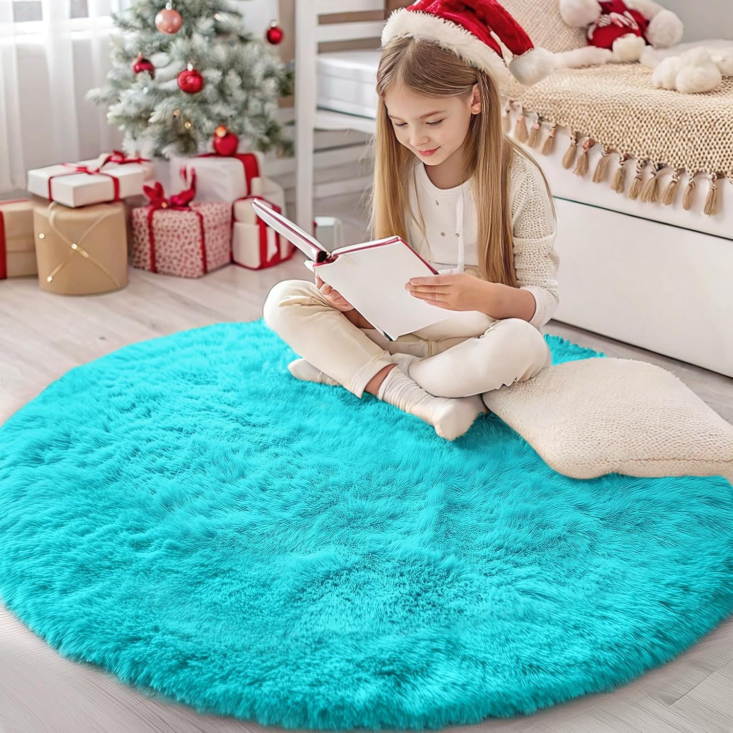OLANLY Teal Blue Round Rug - Soft, Machine Washable 4 ft Circle Area Rug for Bedroom & Living Room Decor