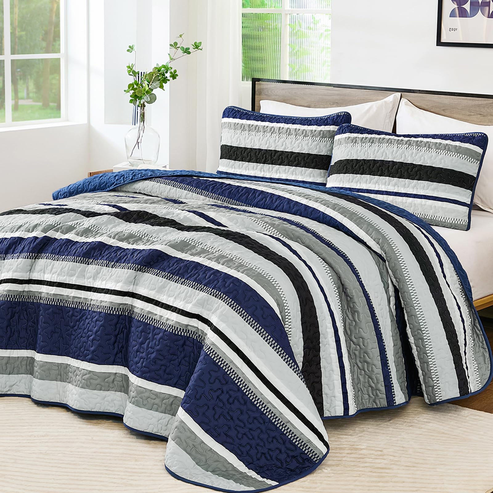 WONGS BEDDING Quilts Queen Size, Navy Blue Quilt Bedspread Bedding Set, Summer Queen Coverlet Sets with Shams, 3 Pieces Lightweight Striped Quilt for Bed(96"x 90")