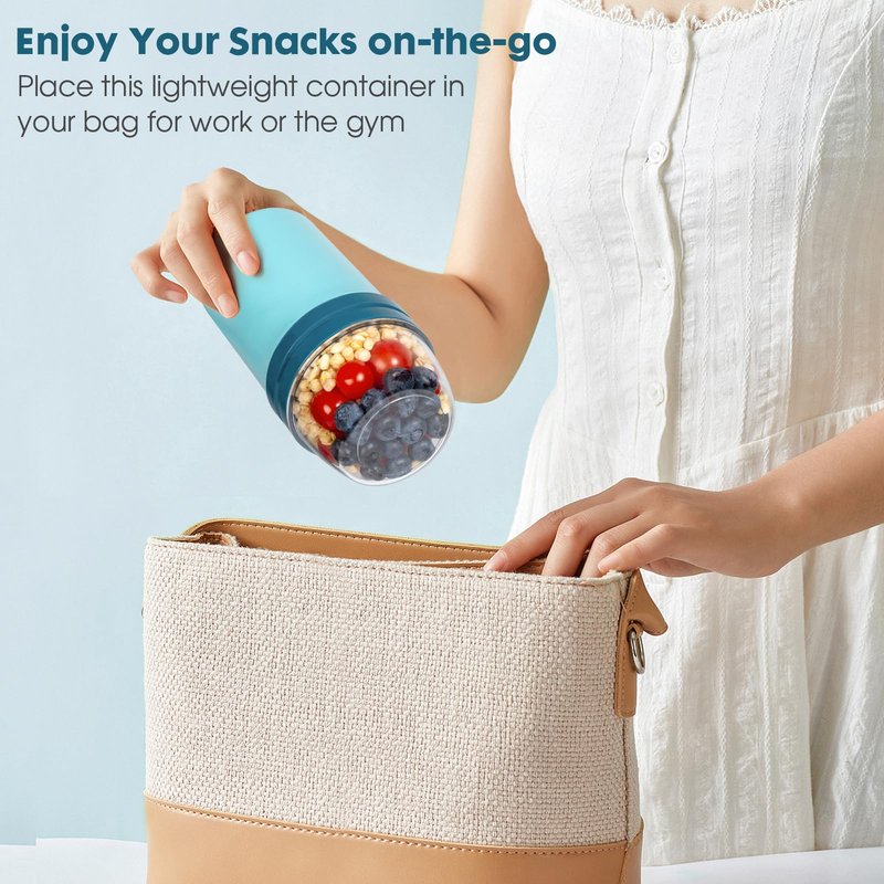 Mitsemmo Snack Cup,Reusable Snack Container with Lid,Yogurt Parfait Cups and Spoons,600ml+270ml Breakfast On The Go,Portable Cereal To Go Travel Cereal Bowl and Milk Container(Bule)