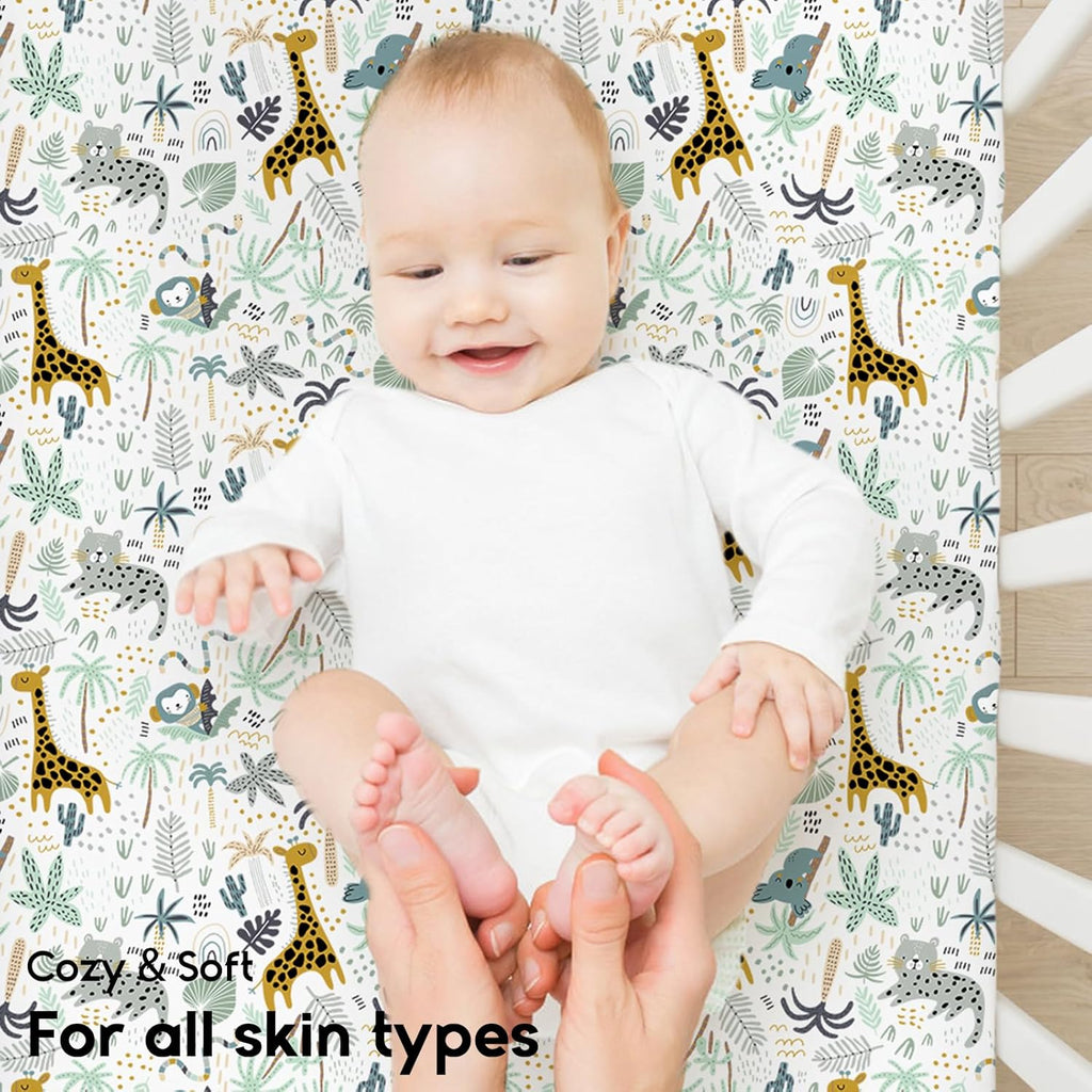 Yoofoss Fitted Pack and Play Sheets - Soft, Breathable 2-Pack Mini Crib Sheets in Green & Giraffe Design