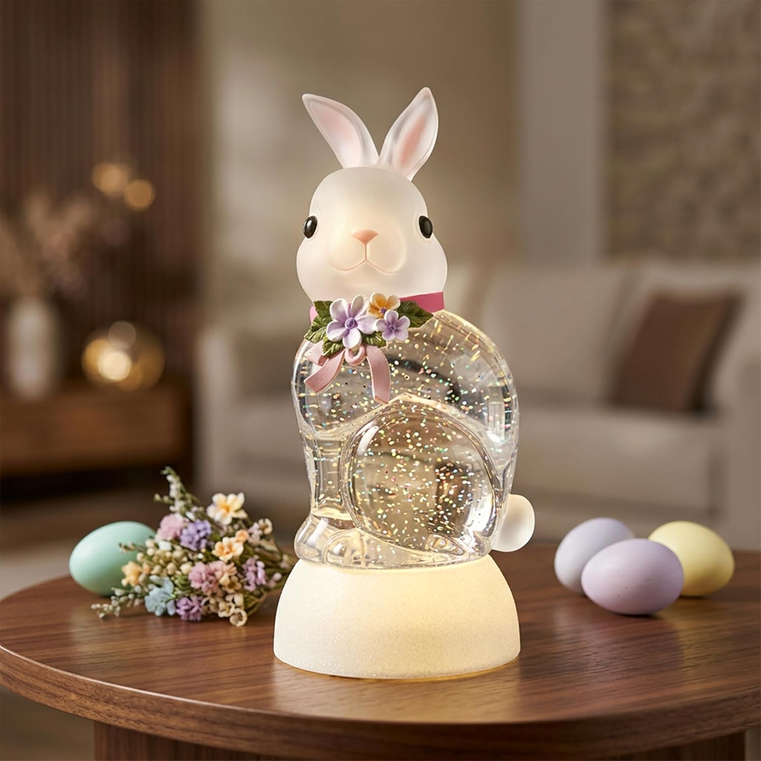 Spring Rabbit Snow Globe Lantern - Glittering Bunny Decor with 6-Hour Timer | USB & Battery Powered