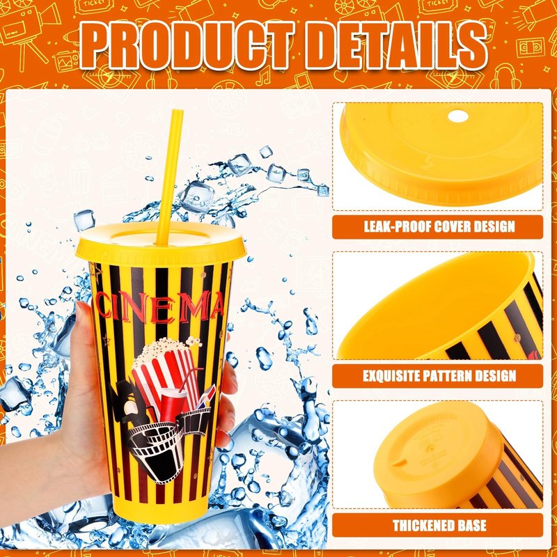 Sweetude 12 Pcs Movie Night Cups Movie Night Party Supplies Favors Movie 24oz Cups with Lid and Straw Disposable Plastic Cups for Movie Party Decorations Birthday Party Favors
