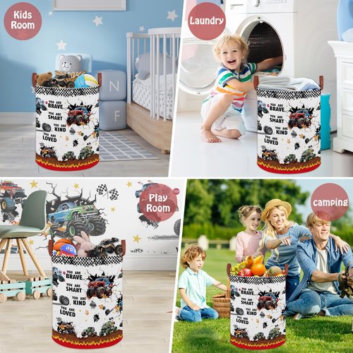 Monster Trucks Laundry Hamper Basket Kid Gift Toy Bin Empty Car Nursery Decor Hamper,Storage Basket Collapsible Clothes Book Organizer Bin for Boy,Easter Gift (Monster Trucks-Fire)