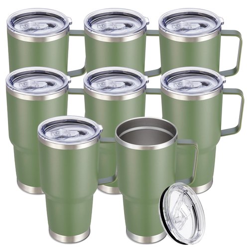 Cool Yoleb 30 oz Tumbler with Handle and Lid, Stainless Steel Tumblers Bulk Double Wall Vacuum Insulated Travel Mug Leak Proof Cup Keep Drinks Cold and Hot Army Green, 8 Pack