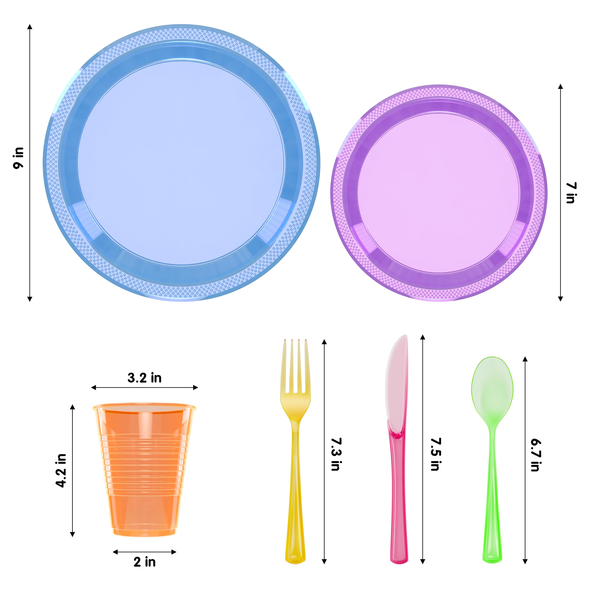 360 PCS Neon Party Combo Pack - 60 9" Plates, 60 7" Glow Plates, 60 12oz Cups, 60 Cutlery Sets - Blacklight Disposable Tableware