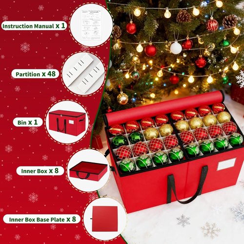 EverMerry Christmas Ornament Storage Box - Large Sturdy Container with Adjustable Dividers & 8 Trays | Holds 128 Decorations (Red)