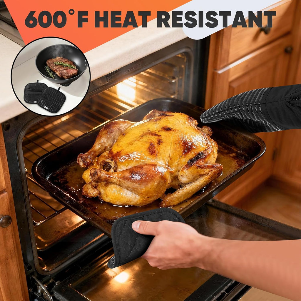 Skiennix Oven Mitts Set - Heat Resistant 500°F with Silicone Grip | Includes 2 Gloves, 2 Potholders, 4 Towels