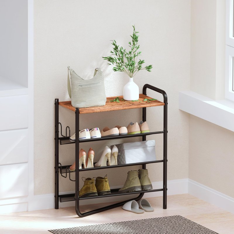 CHEMPFR Industrial Shoe Rack 4-Tier with Wooden Top - Heavy Duty Metal Frame, Space Saving Entryway Organizer Holds 16 Pairs, 25x12x28 Inch