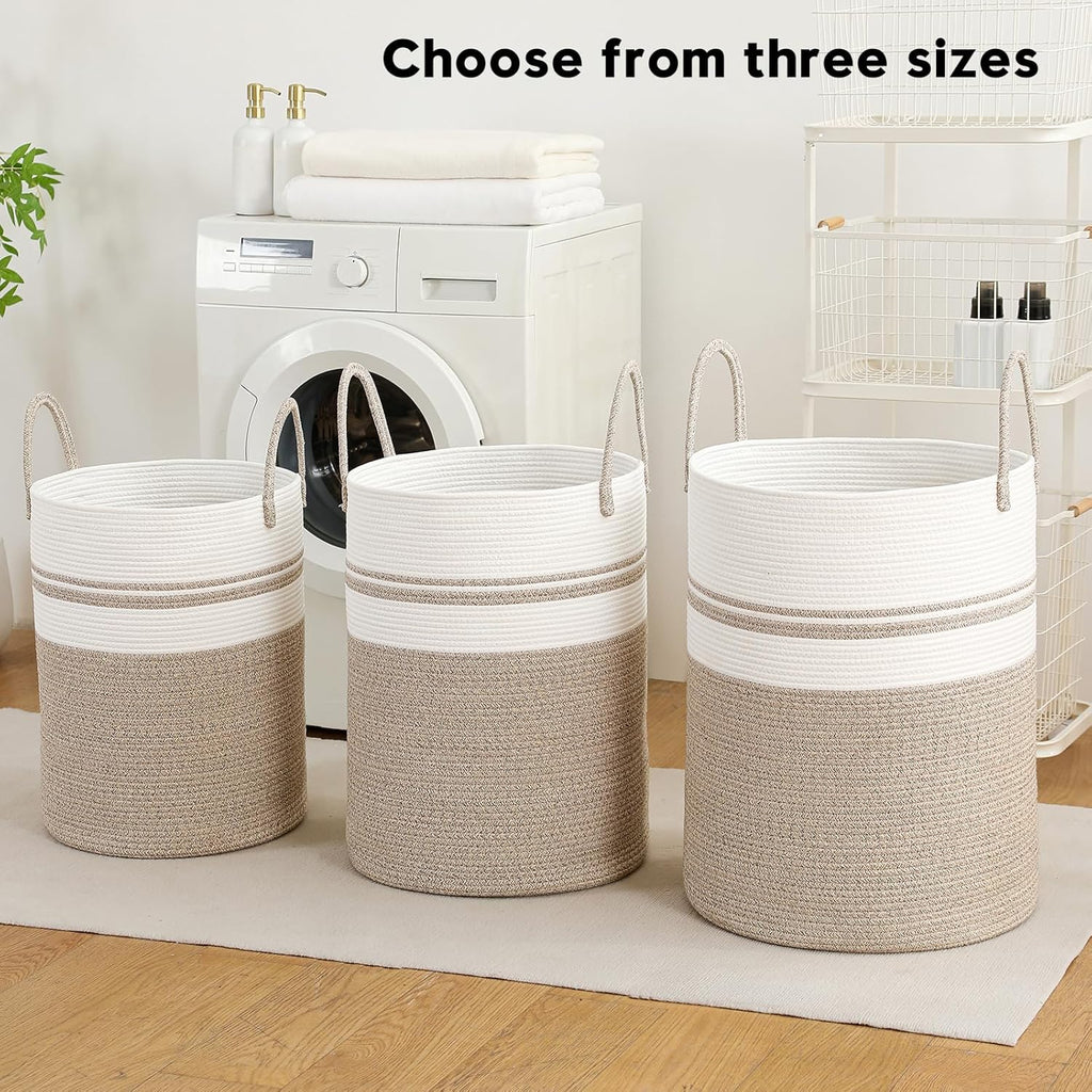 Skiennix Laundry Basket Hamper - Tall Woven Rope Storage for Blankets & Toys | 60L, Brown & White