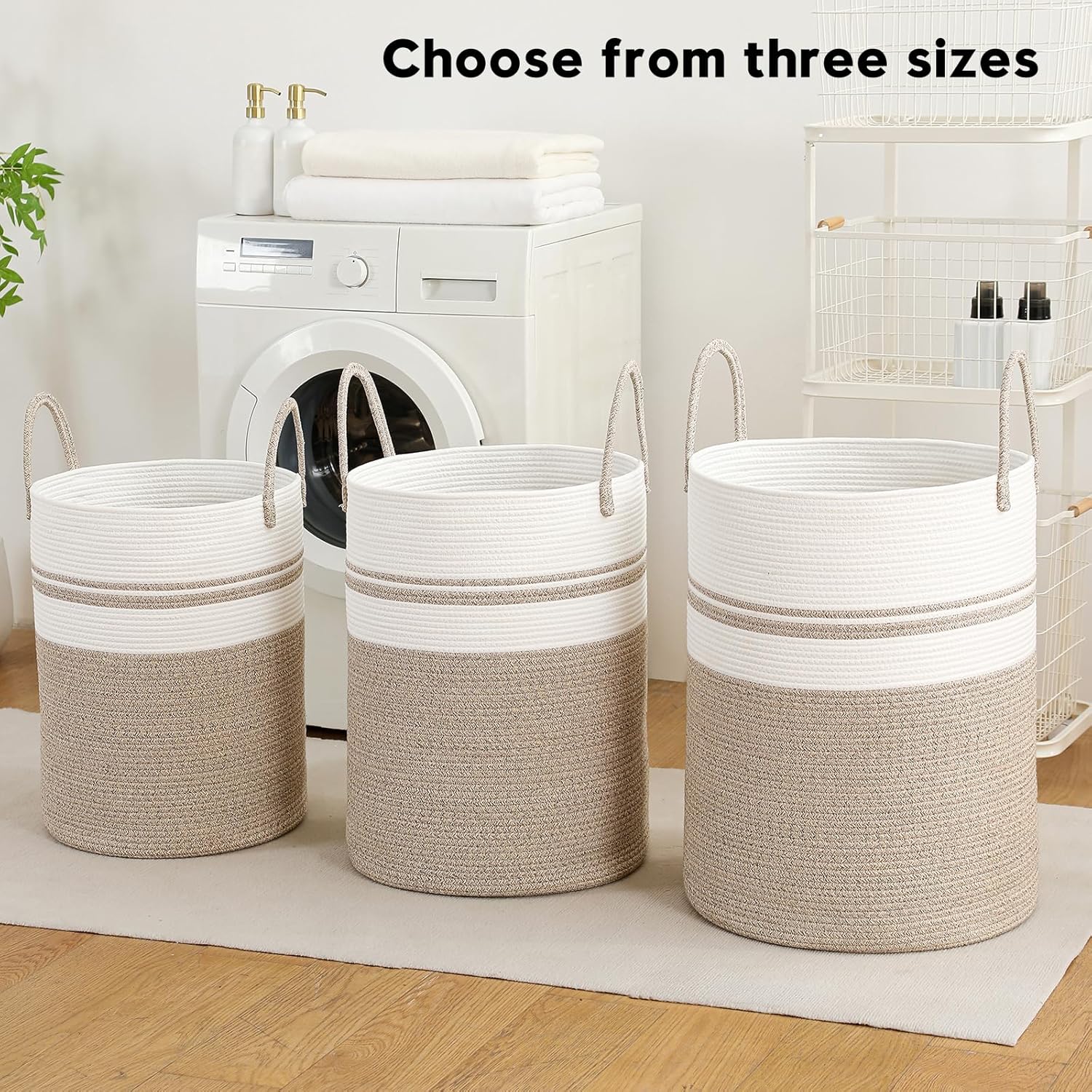 Skiennix Laundry Basket Hamper - Tall Woven Rope Storage for Blankets & Toys | 60L, Brown & White