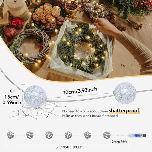 Globe String Lights - 10FT 30 LED Decorative Fairy Lights | 8 Modes Crystal Crackle Balls - Warm White