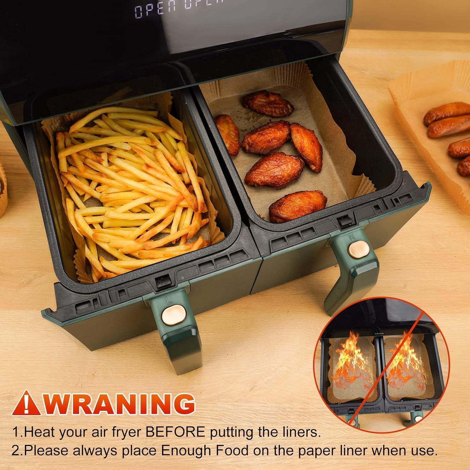 Skiennix Air Fryer Parchment Paper Liners - 100 Pcs Non-Stick, Unbleached Sheets | 8.6x5.5 Inch for Dual Basket Models