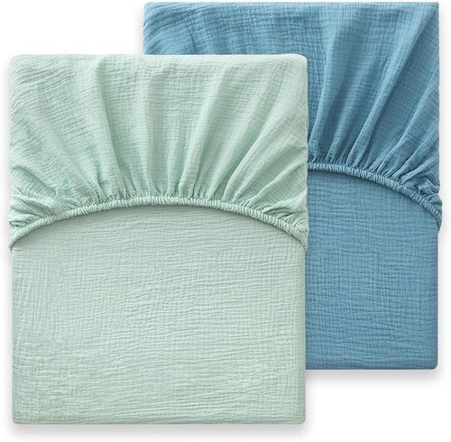 Bailix Heavyweight Muslin Baby Crib Sheets - 2-Pack Neutral Fitted 100% Organic Cotton | Breathable Softness (Blue & Light Green)