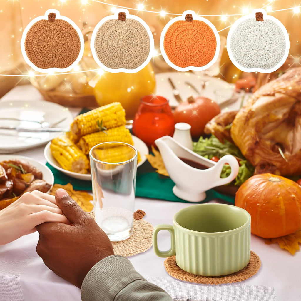 Hushee 8 Pcs Fall Coasters Crochet Thanksgiving Pumpkin Coaster 4.72inch Orange Home Decor Handmade Woven Pumpkin Drink Cup Pad Mats for Autumn Harvest Thanksgiving Kitchen Table Party Decor Gifts