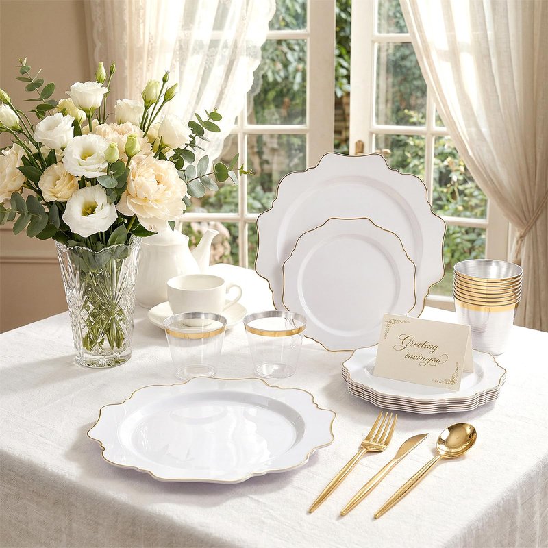 WDF 350PCS White and Gold Plastic Plates - Gold Plates Disposable 50Guest Plastic Dinnerware Ideal for Party/Wedding/Birthday/Mother's Day
