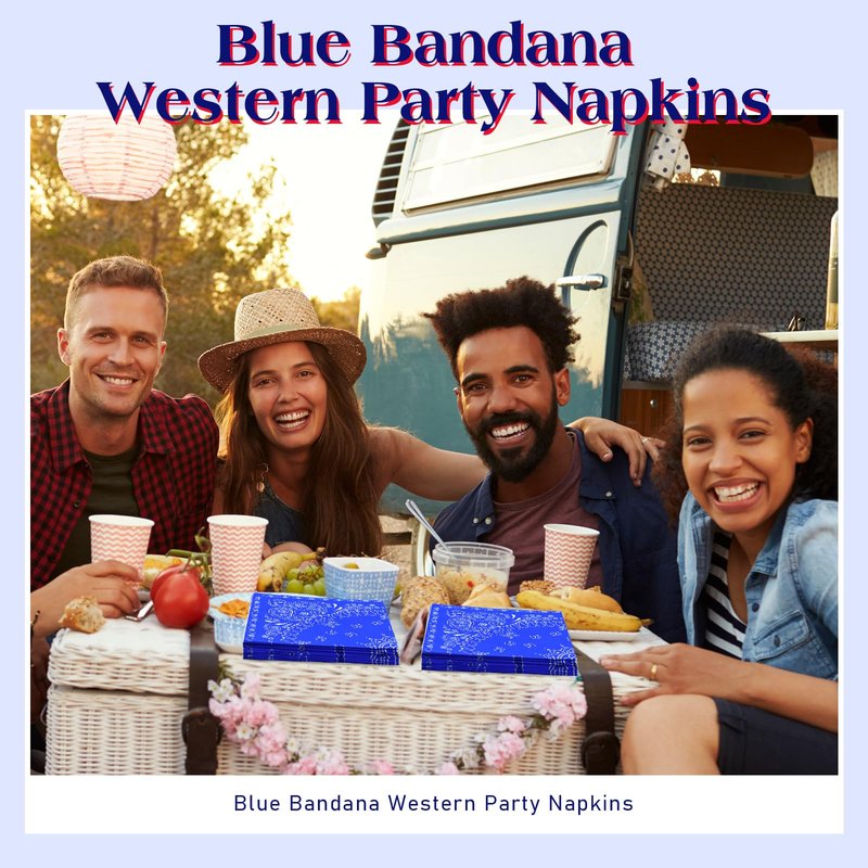 Teling 200 Pcs Western Bandana Napkins 2 Ply Bandana Paper Napkins Bulk Disposable Paisley Print Cocktail Napkin for Western Cowboy Theme Birthday Party Supplies, 6.3 * 6.3"(Blue)