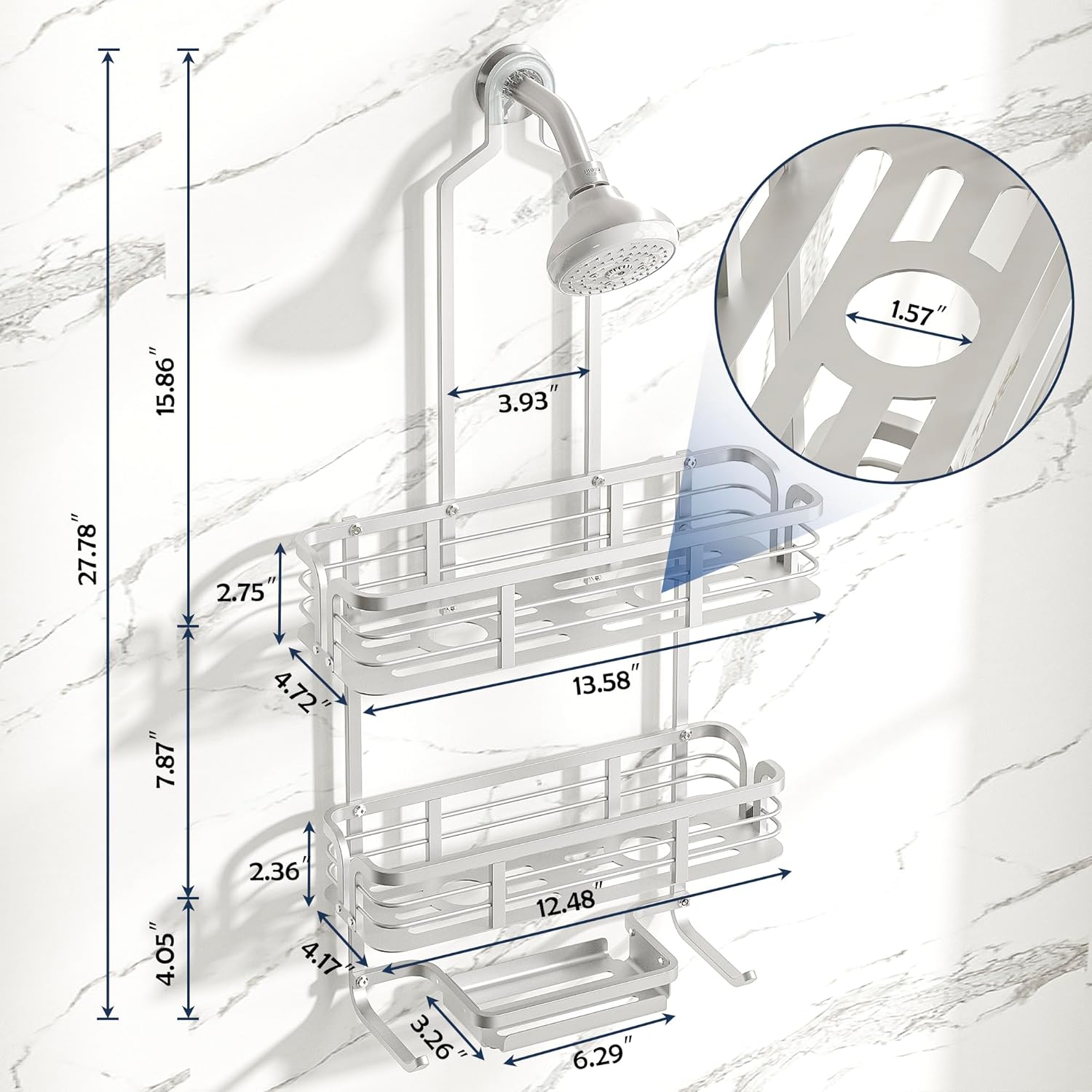 Never Rust Aluminum Shower Caddy by [Brand Name] - Over Showerhead Organizer with Soap Holder & Multi Hooks | Silver