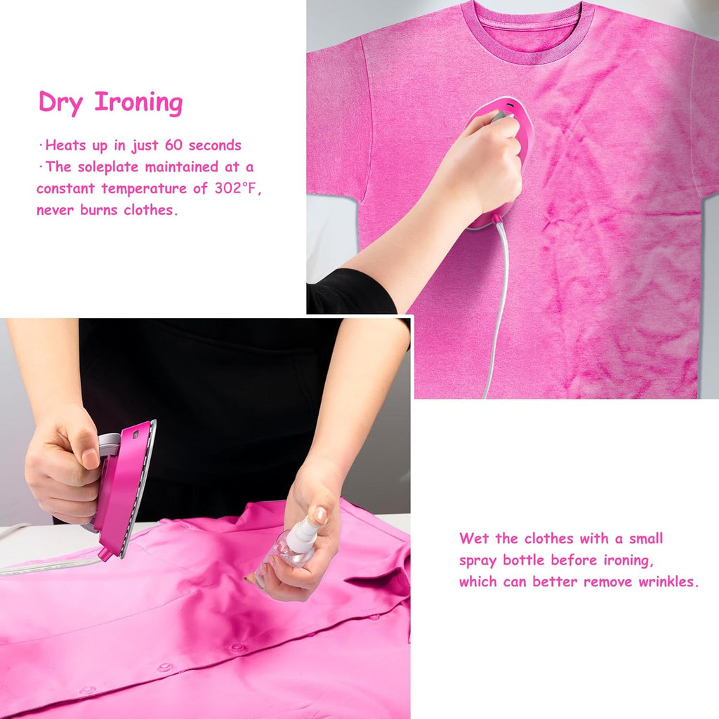 Newbealer Travel Iron - Mini Dry Iron with Global Voltage, 100-240V, 300W, Non-Stick Soleplate, Hot Pink