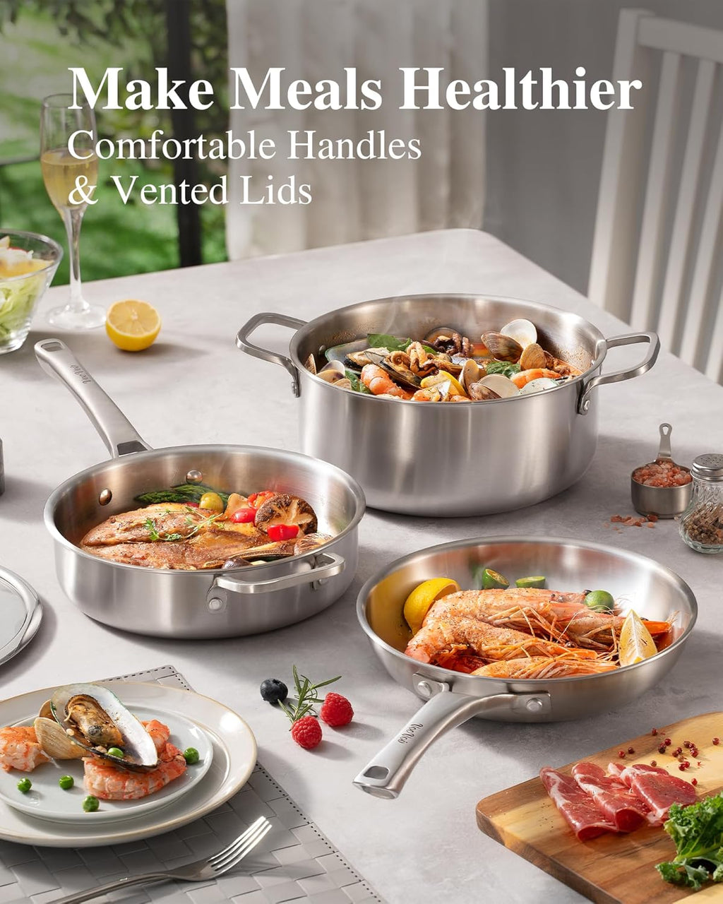 VocVoi Stainless Steel Frying Pan - 12 Inch Non-Toxic Tri-Ply Skillet, Oven & Dishwasher Safe