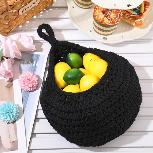 Dandat 3 Pcs Large Hanging Fruit Baskets for Kitchen Teardrop Hanging Wall Baskets Bohemian Handwoven Holder for Kitchen Vegetable Onion Potato Storage Pantry Decoration(Black)