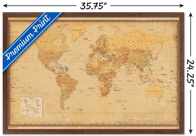 Antique World Map 2024 Wall Poster, 34L" x 22.4W", Mahogany Framed Version
